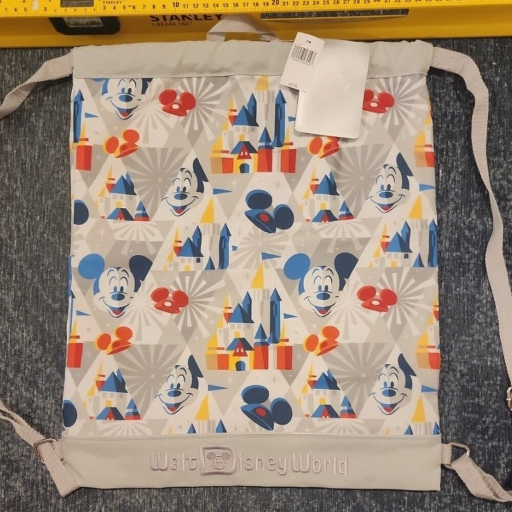 Disney World Drawstring Backpack Bag - Mickey Mouse and Castle Gray NWT